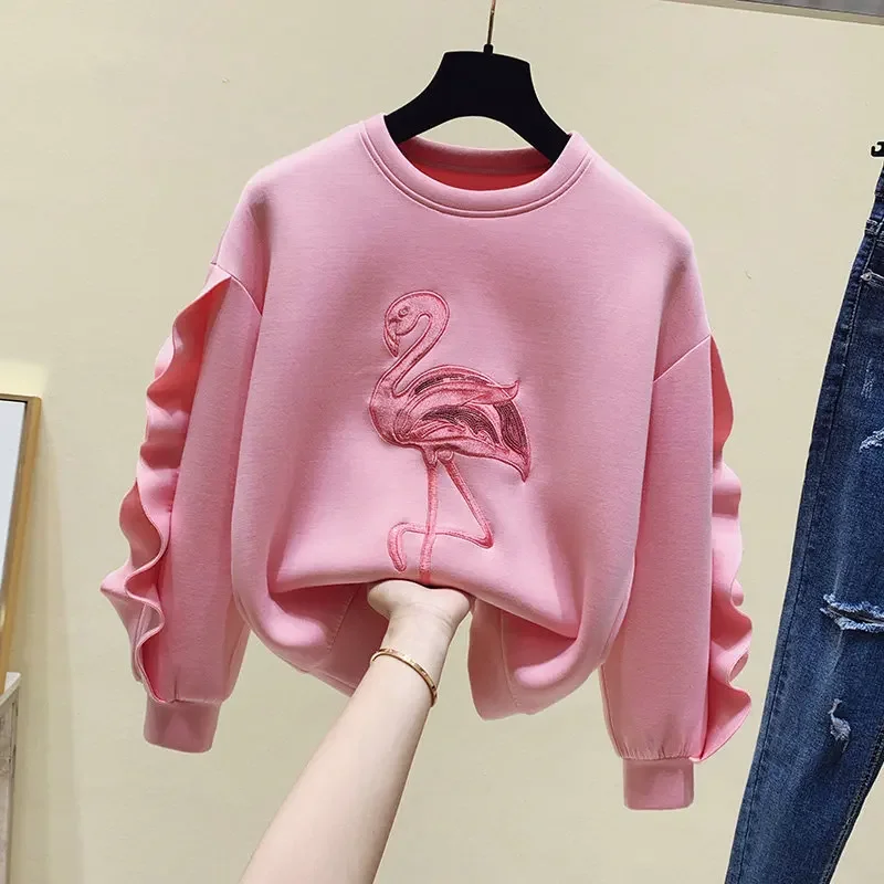 Women Long Sleeve Casual Pullover Fashion Korean Style Animal Embroidery Sweatshirt Autumn Winter New Ruffles Splicing Pink Tops