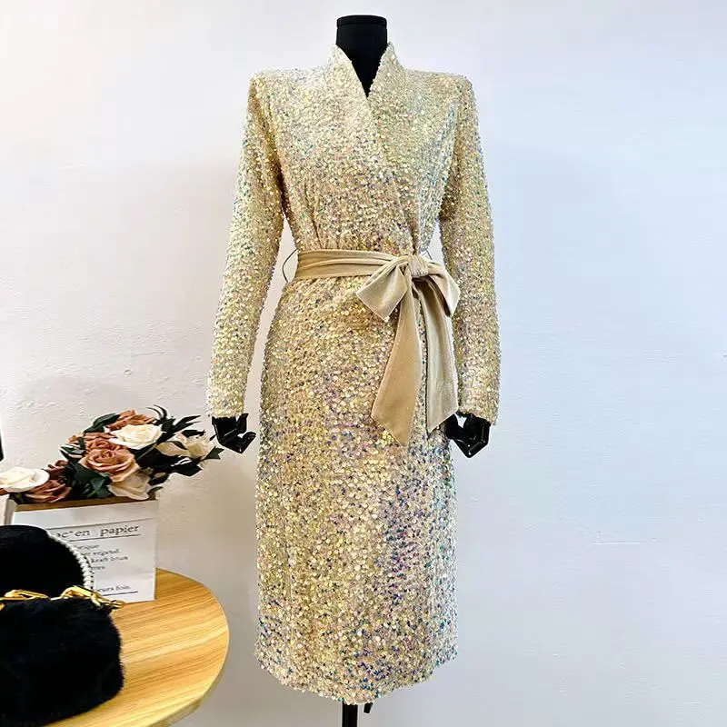 Autumn Winter blackish green velvet Shiny long coat women Stand collar Versatile noble temperament slim fit lady coat Trend