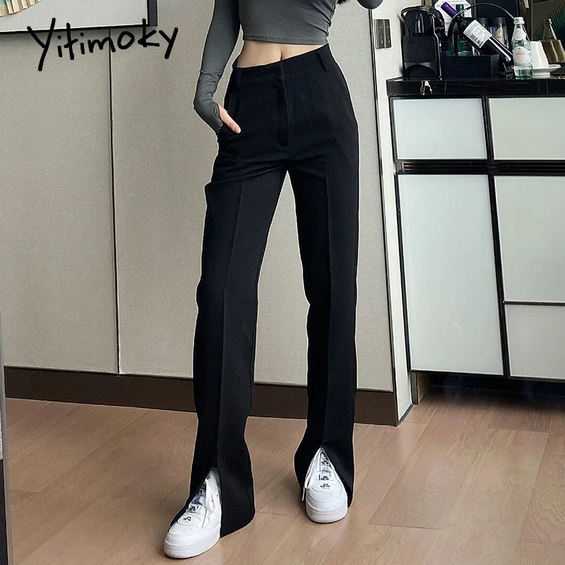 baggy jeans Yitimoky Slit Leg Black Flare Pants Women Office Lady Full Length Clothes Solid Straight Vintage Streetwear Work 2022 Spring New trousers for women