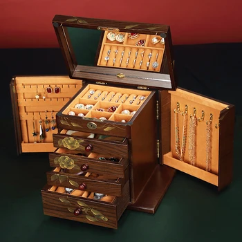 Solid Wood Vintage Jewelry Boxes Luxury Big Size Necklace Earings Ring Watch Bracelet Storage Box Organizer Display Girls Gift