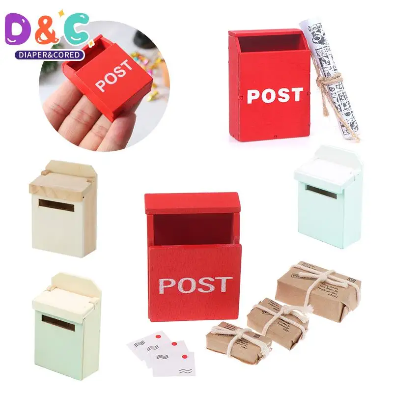 

1Set 1:12 Dollhouse Miniature Letter Box Red Mailbox With Mail Sack Postcard Fairy Garden Door Furniture House Decor Toy