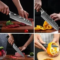 Professional ดามัสกัสมีดครัวญี่ปุ่น Santoku Cleaver มีดหั่นสแตนเลส Boning มีด Butcher Cleaver มีด 5