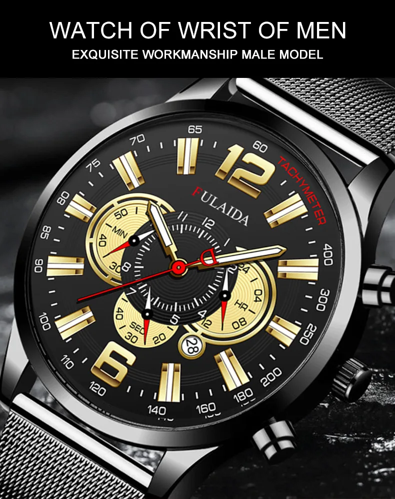 Men's Fashion Business Calendar Watches Luxury Stainless Steel Mesh Belt Analog Quartz Watch Business Luminous Wristwatch Clock