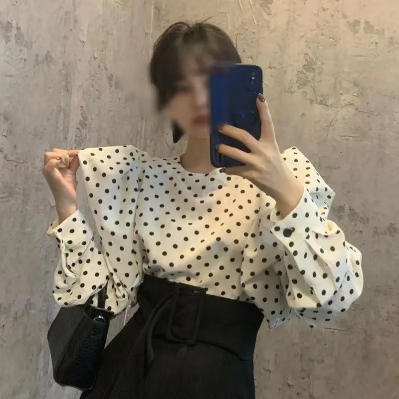 

Temperament Heavy Industry Bubble Sleeves Polka Dot Shirt Women's 2024 Early Spring New Fashion Versatile Slim Round Neck Top