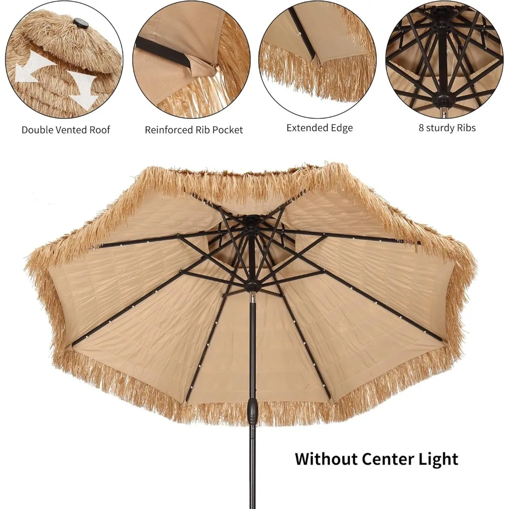9 ft 2-Tier Solar Tiki Umbrella, 32 LED Ligths Hula Thatched Tiki Umbrella, Straw Umbrella, Pool, Patio, Beach 4