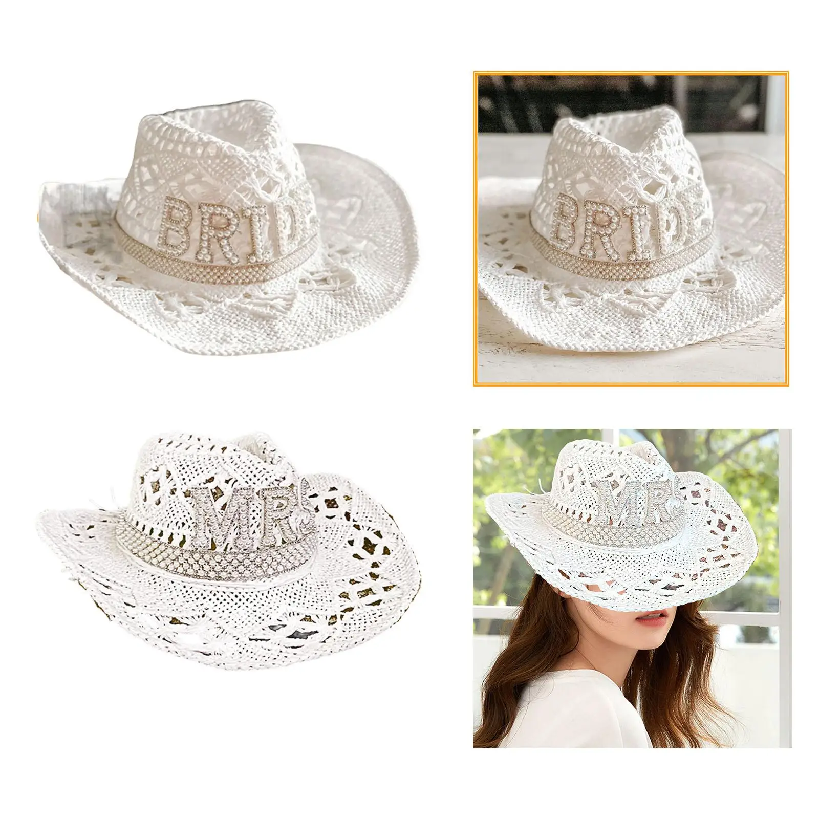 Western Style Cowgirl Hats Costume Sunhat Fancy White Adult Women Hat for Bridal