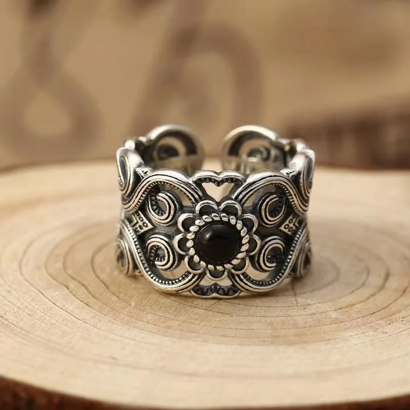 

Vintage Silver Color Flower Ring Personality Creative Opening Ring Banquet Jewelry Accessories Gift