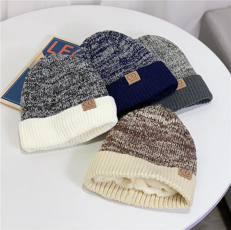 Men's Women's Knitted Hat Leather Label Skullies Beanies Wool Plush Cap Winter Warm Thickened Fashion Casual Bonnet Outdoor