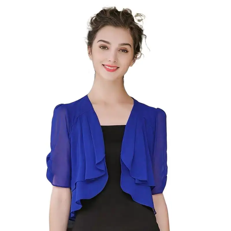 

Women Summer Half Puff Sleeve Short Cardigan Beach Chiffon Sunscreen Outwear Shirts Casual Ruffles Elegant Short Shirt Cardigan