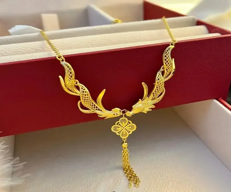 9999 24K Real Gold New Chinese-style High-end Design Dragon Necklace Women's Bride Necklace Wedding Jewelry