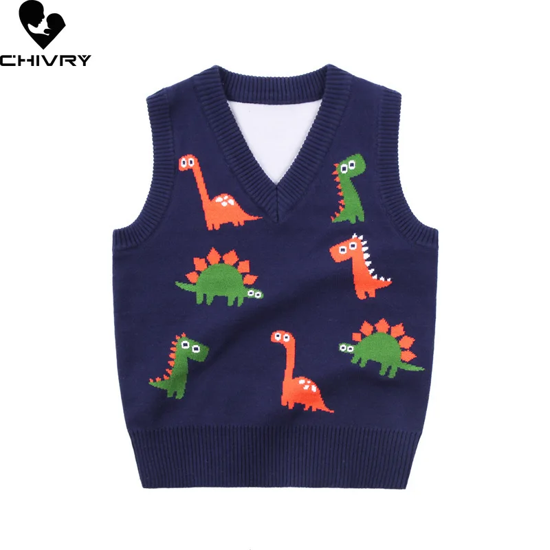 Baby Autumn Winter Knitted Sweater Vest Kids Boys Girl Cartoon Dinosaur Vneck Pullover Vest