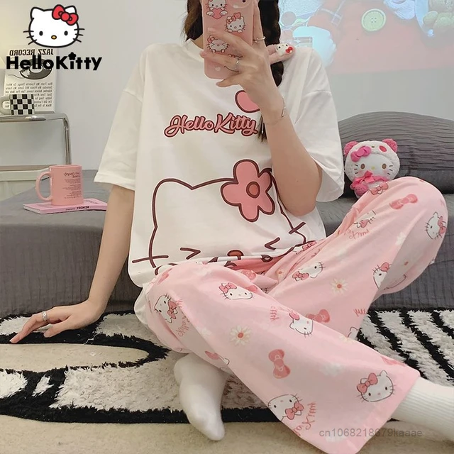 Sanrio Hello Kitty Pajamas Pants Kawaii Pijama Y2k Pyjama Pink Fluffy Suit  Long-sleeved Trousers Onesize Cardigan Outfit Women