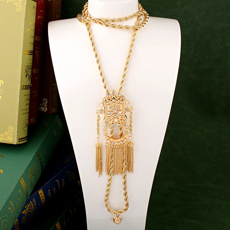 

Algerian Wedding Necklace Long Chain Gold Plated Tassels Pendant with Crystals Arabic Women Shoulder Chest Jewelry