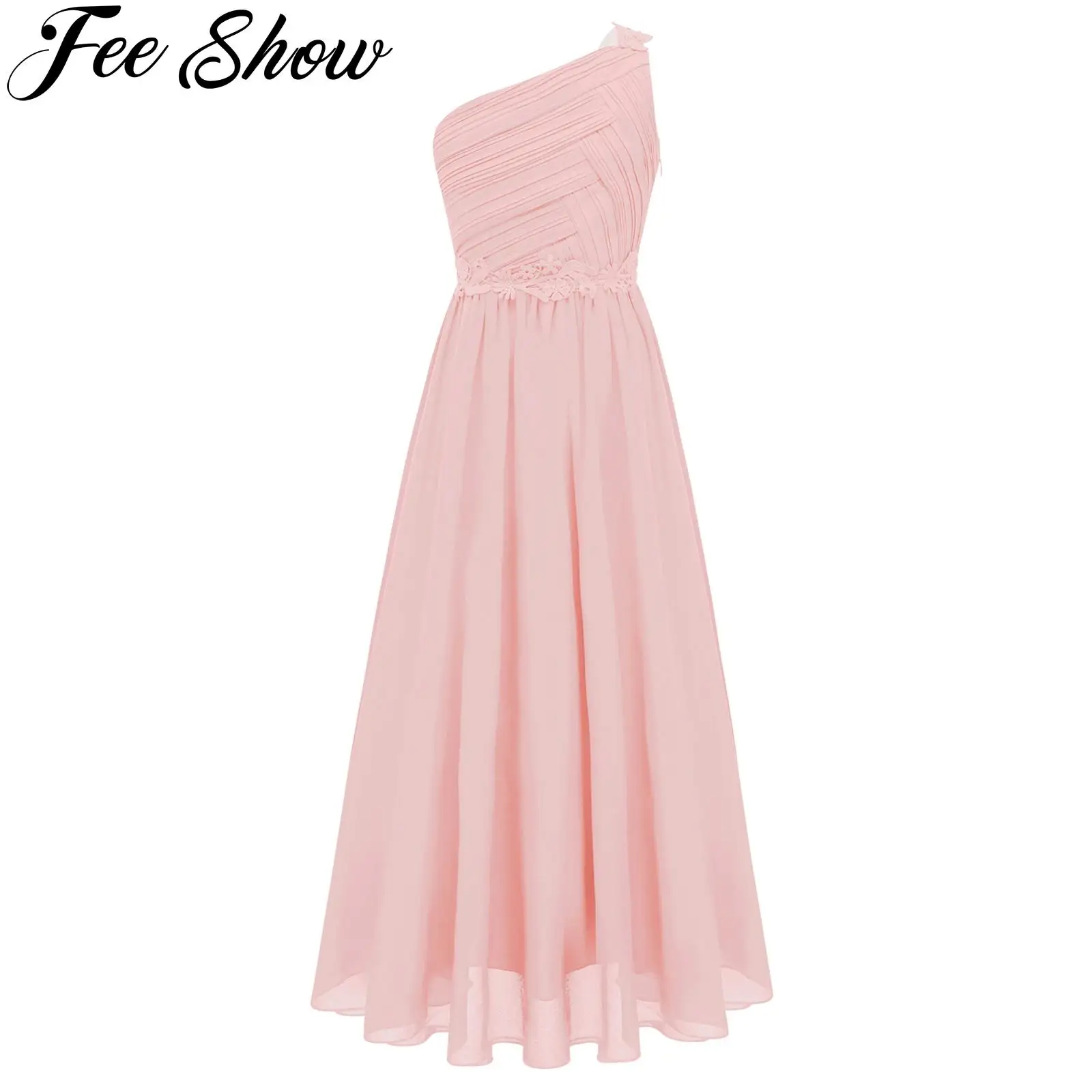 Kids-Flower-Girls-Dress-One-Shoulder-Pleated-Evening-Wedding-Party ...