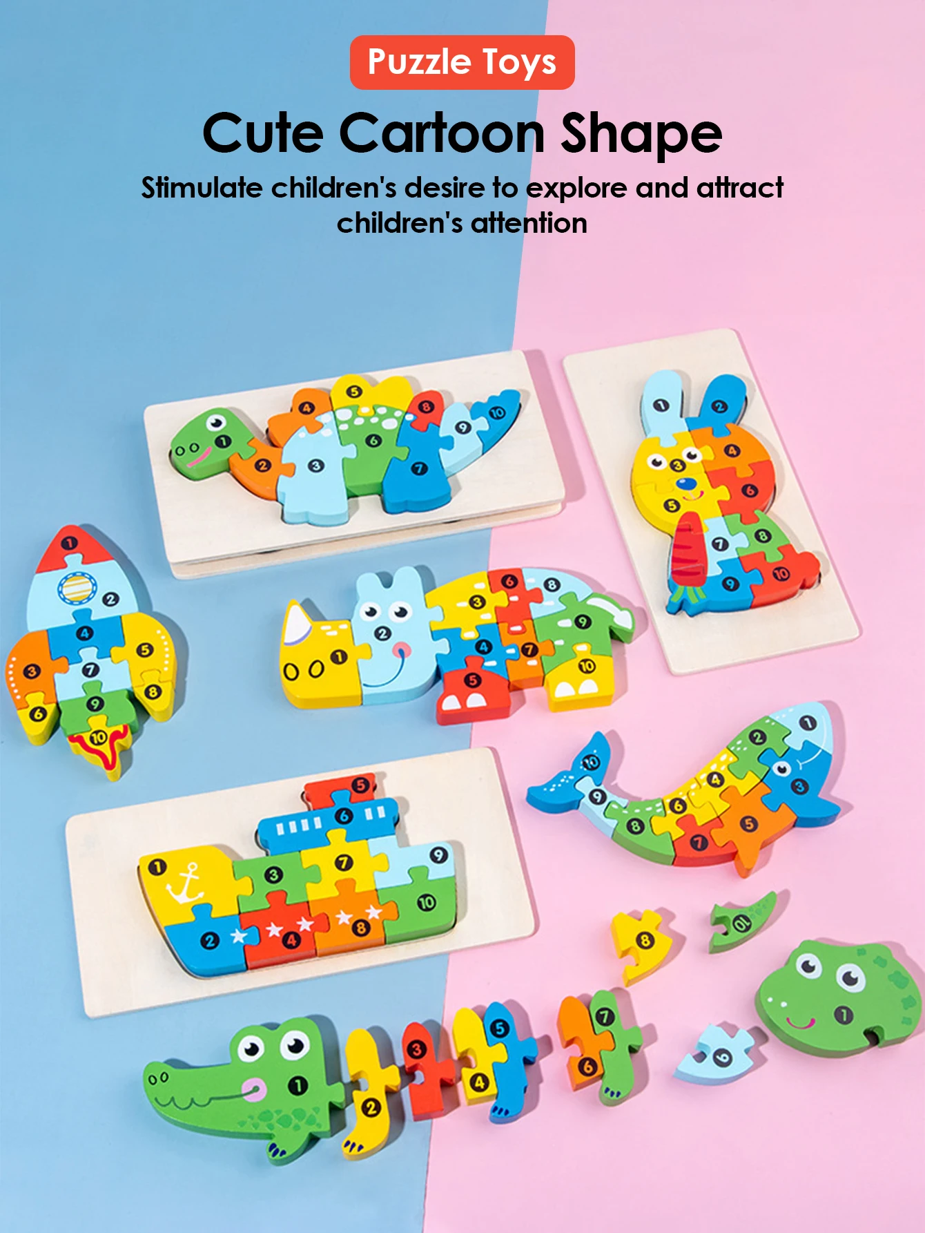 3D Wooden Puzzles Educational Cartoon Animals Early Learning Cognition Intelligence Puzzle Game For Children Toys