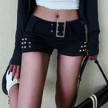 2024 Female American Low Waist Night Club Jeans Girls Fashion Metal Rivet Decoration Harajuku Pants Women Sexy Black Y2k Shorts 1