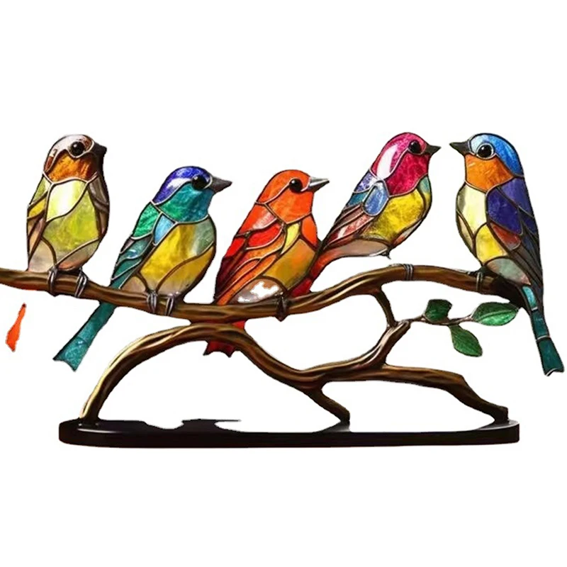 Stained Acrylic Birds on Branch Desktop Ornaments, Double Sided Multicolor Style Birds Craft Statue Desktop Ornaments