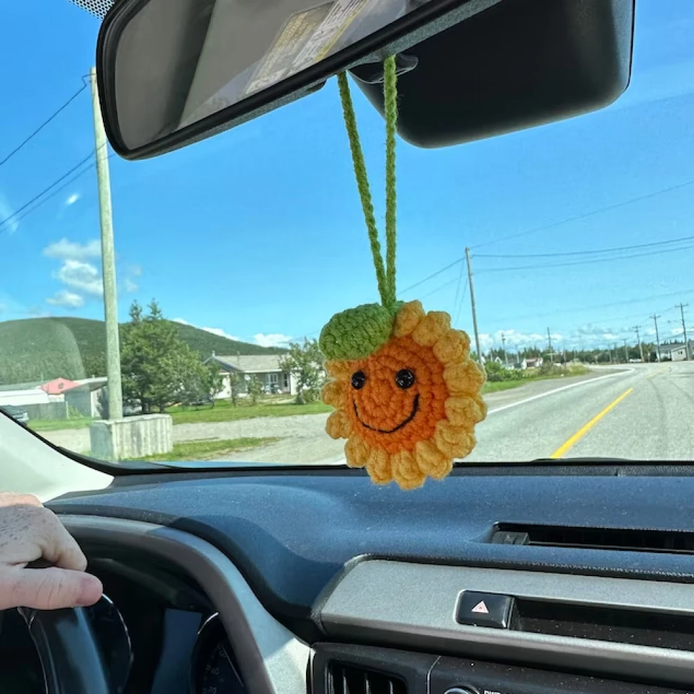 2-Piece Crochet Car Decor Set - Hanging Basket & Sunflower Smiley Face For Rear View Mirror & Dashboard