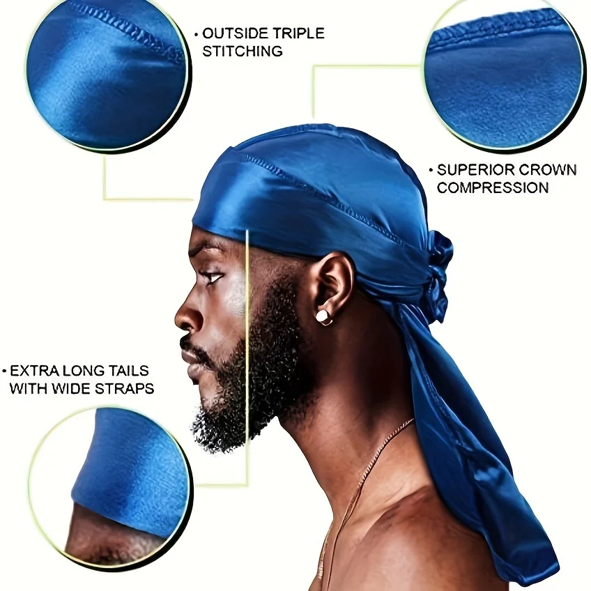 WLLHYF Silky Durag - Cuffia Da Uomo In Seta A 360 Onde, Ultra Morbida, In Raso Di Alta Qualità, Coda Extra Lunga, Colore: Nero, Nero, Taglia Unica - Foto 9