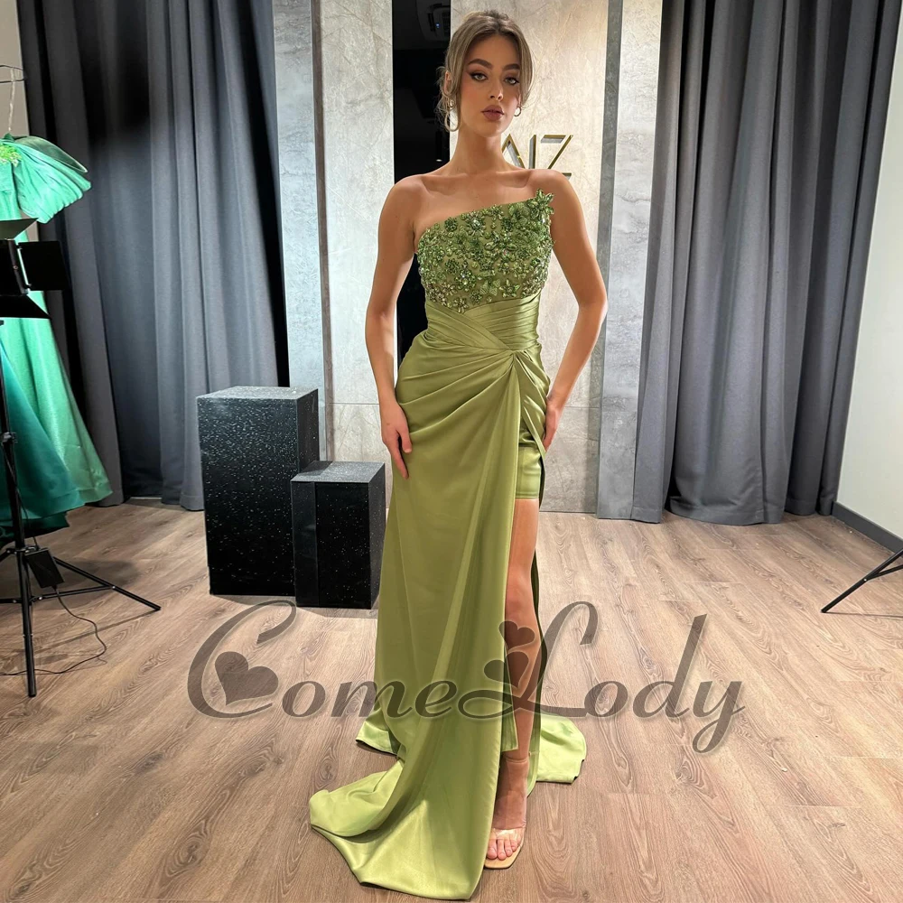 

Comelody Charming Satin Evening Dresses for Women Strapless High Slit Sweep Train Rhinestones Ruched Zipper Made to Order