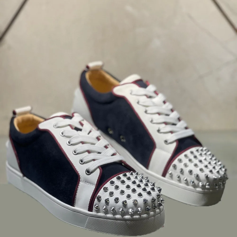 

Fashion Low Top Red Bottom Shoes For Men Luxury Trainers Driving Spiked Silver Rivets White Toecap Blue Suede Genuine Leather