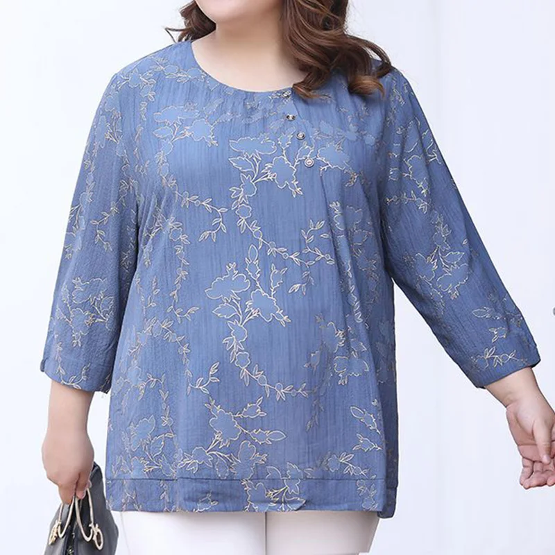 Casual Button Pullover Tops Spring Summer Crew Neck Bright Silk Floral Printing Three Quarter Sleeve Plus Size Chiffon T-Shirt