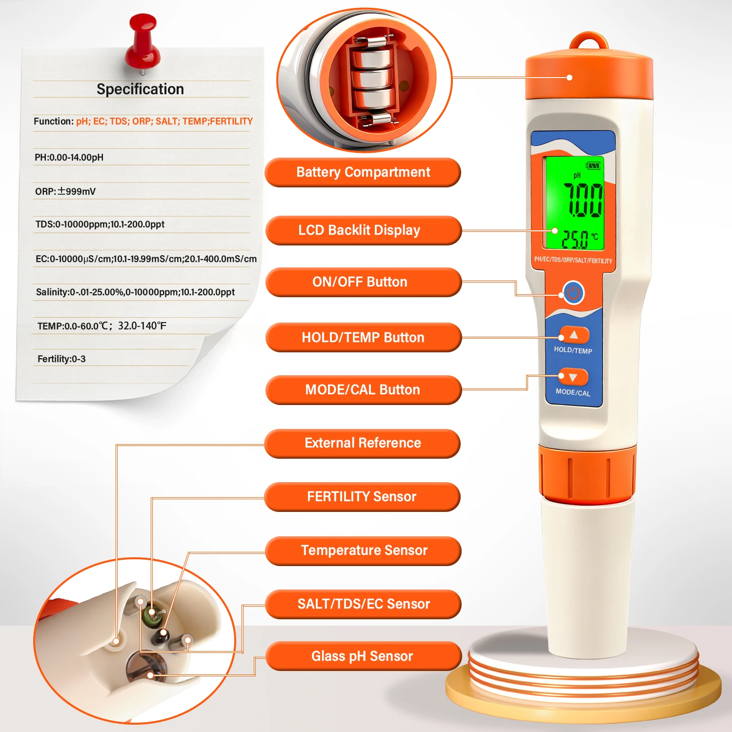 7-in-1 Pool Water Tester Digital Water Quality Meter for Swimming Pool SPA pH/OR