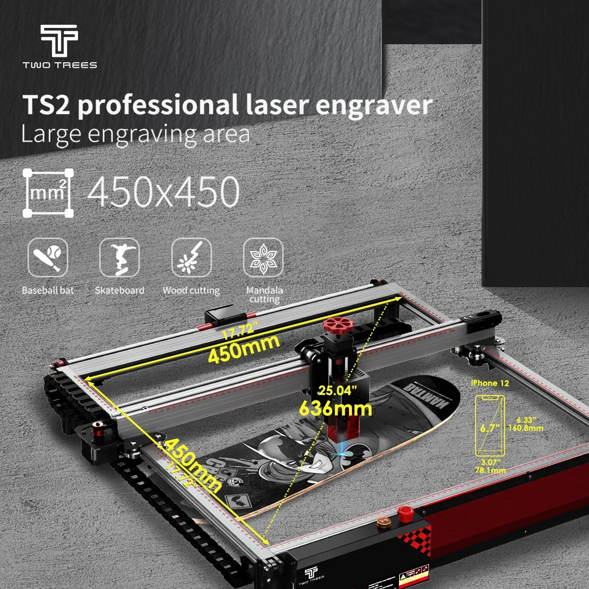 Twotrees TS2 레이저 조각기, 자동 초점 레이저 타각기, 목재 절단, 화염 감지 시스템 포함, 10W, 450x450mm