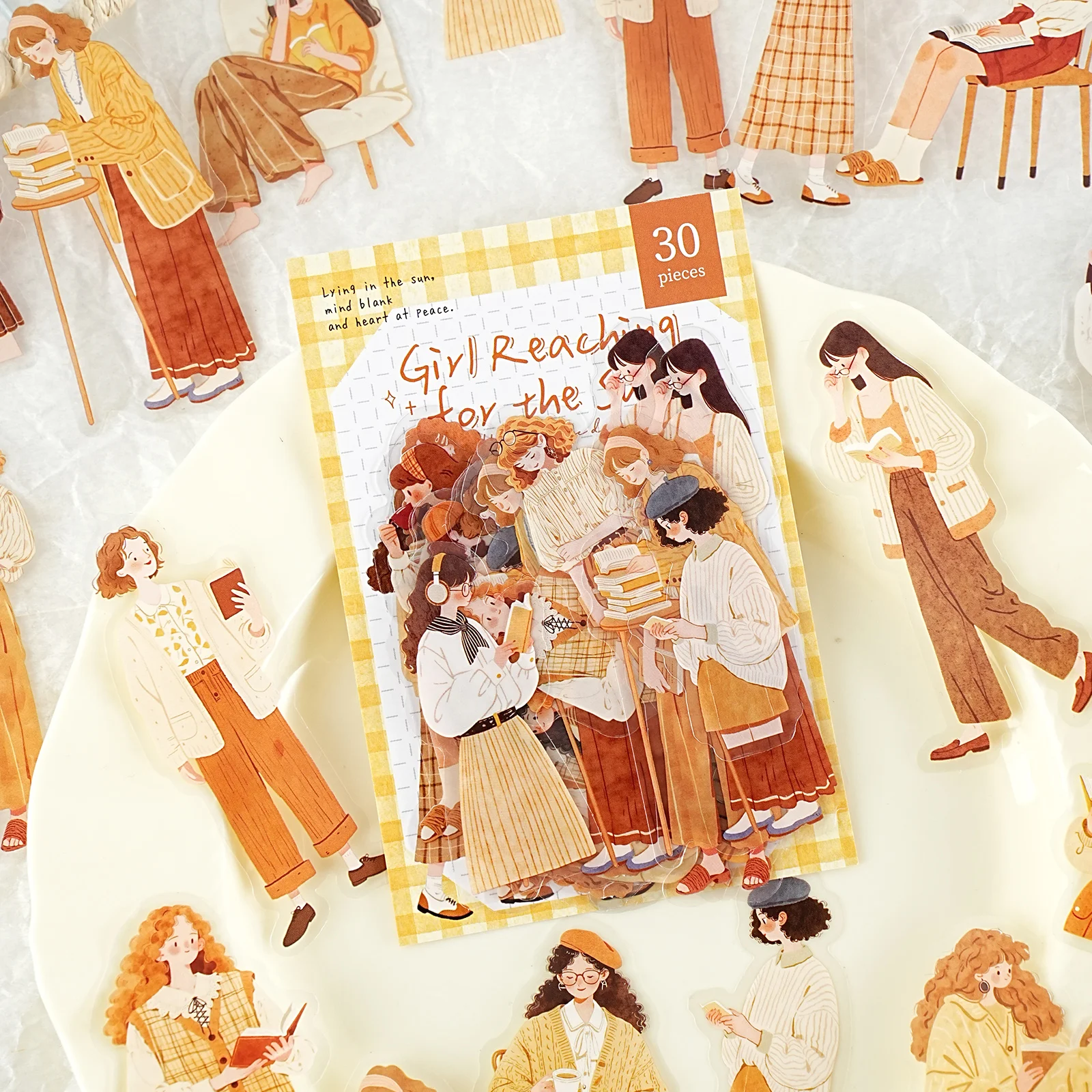 에토리 라이프 카라멜 웜톤 빈티지 독서하는 소녀 스티커 30개, 힐링 아트 데일리 저널 데코레이션 스티커, DIY 데코레이션, 노트북, 휴대폰 뒷면, 여행 가방, 다이어리, 기타, 물병, 스크랩북 용품, 사무