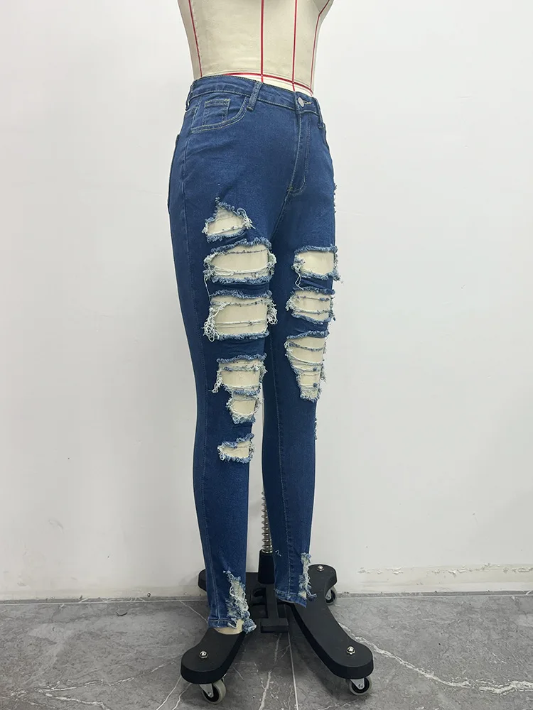 Women's Jeans Popular New Women Street High Waist Large Area Ripped Skinny Long Jeans