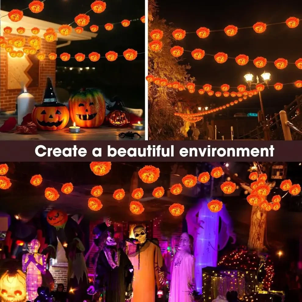 1,5 m lange orangefarbene Ringelblumengirlande mit LEDs für den Tag der Toten, Halloween, Diwali, Urlaub, Party, Heimdekoration, Weihnachtszubehör – Detail 16