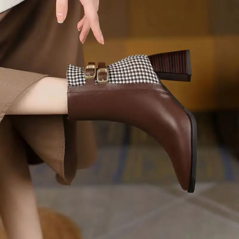 Winter Plush High Heels 2023 High Quality Women's Boots Fashion Square Toe Ladies Ankle Boots Elegant Dress Office Shoes Female