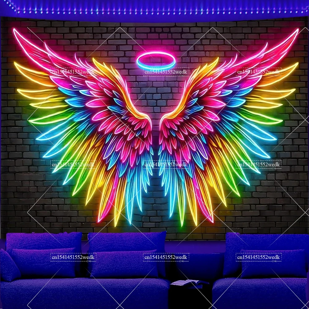 Tapisserie Ailes D'ange Lumière Noire - Phosphorescente, 150x198cm, Décoration Fête