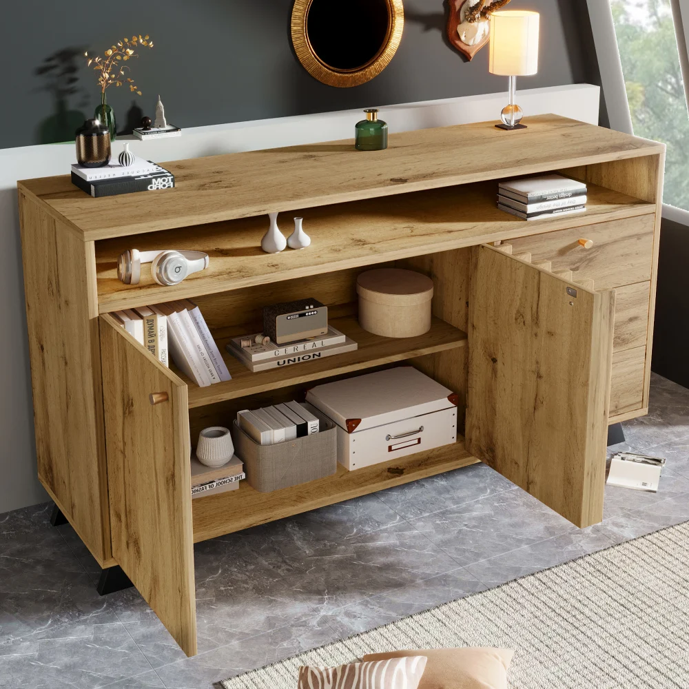 Sideboard, Kommode mit Schubladen und Türen, Aufbewahrungsschrank in Rattan-Optik mit verstellbaren Einsätzen, für das Wohnzimmer – Detail 37