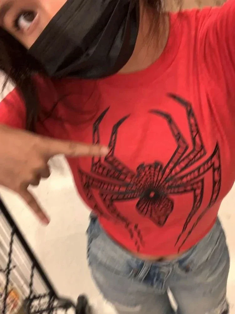 Spider Print Graphic Women Chic Tees Streetwear Vintage Letter Crop Summer Casual Trash Basic Goth Slim Short Sleeve T-Shirt Emo 2