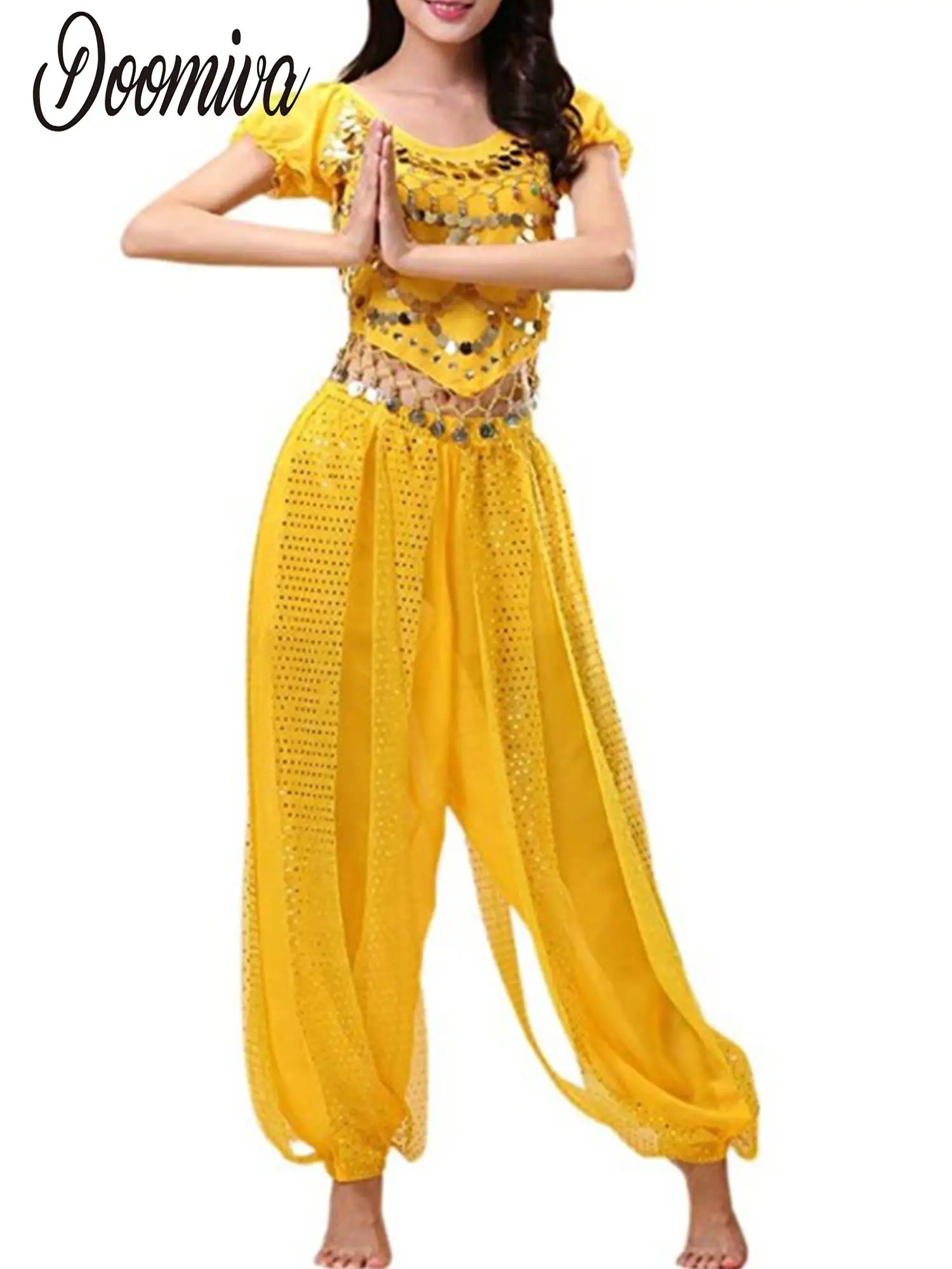 

Women Ladies Bollywood Belly Dance Costumes India Arabian Stage Coins Lace-up Back Top Harem Pants Halloween Costume Cosplay