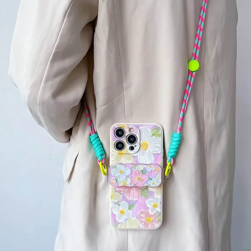 Cute Flower Love Heart Crossbody Phone Case with Back Clip Lanyard and Chain Strap