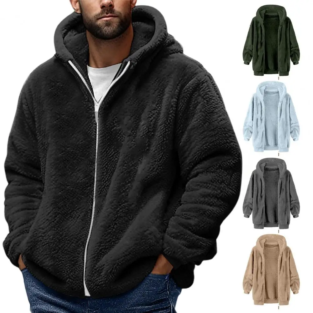 Men Fleece Hooded Jacket Winter Warm Zip Up Sweatshirt Soft Breathable Coat Casual Outerwear Outdoor Sports Daily Use