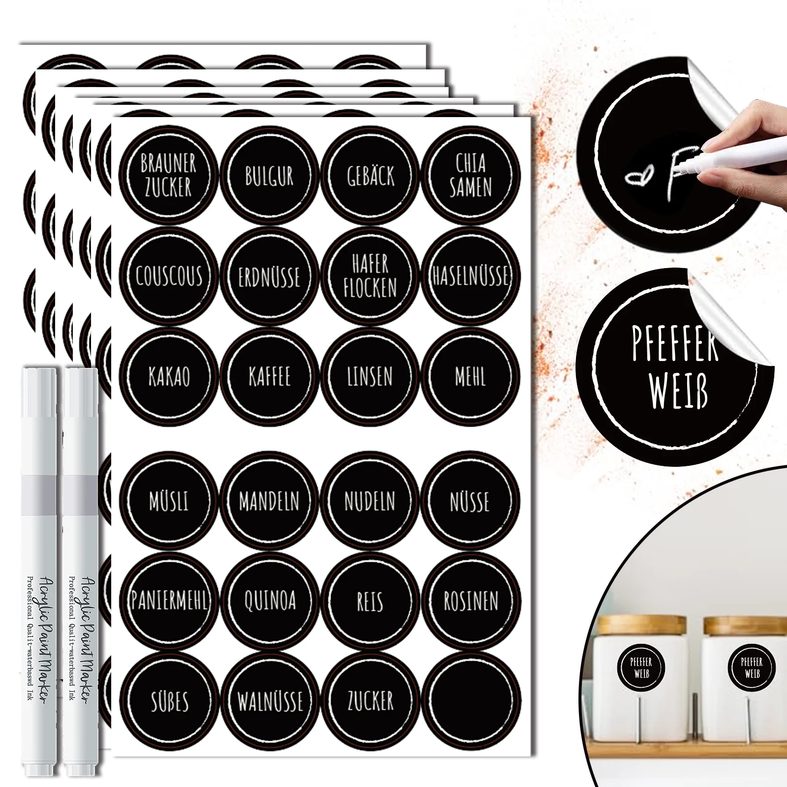 146pcs self-adhesive spice label black circular, storage cup label+blank label, including 2 white marking pens - spice stickers