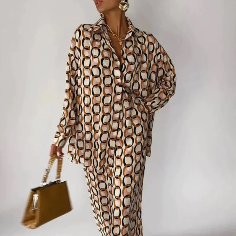 Printed Shirt Pants Suit Women's Loose Lapel Single-button Top Suit 2024 Spring New Women's Casual Shirt Suit