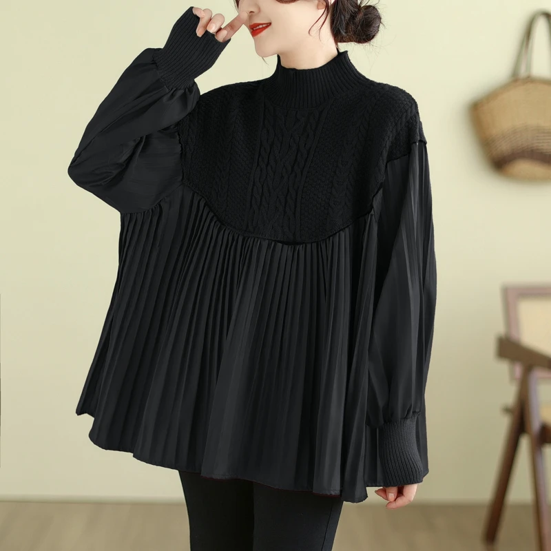 Loose Fit Women's Knitted Patchwork Sweater plus Size irt Top Slimming Effect Comfortable Long Sve High Collar Base Layer