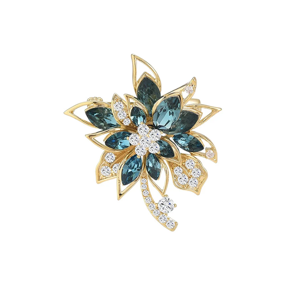 Light Luxury Brooch for Women Blue Crystal Flower Brooches High Quality Metal Copper Jewelry Banquet Party Dress Accessories
