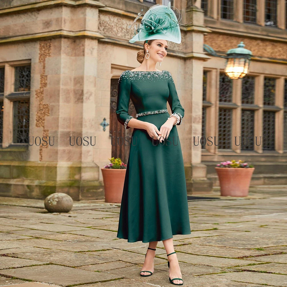 Mother bride dresses Short Mother of the Bride Dress A Line Boat Neck 3/4 Sleeves Elegant Wedding Guest Gowns Midi Beading Luxury Evening