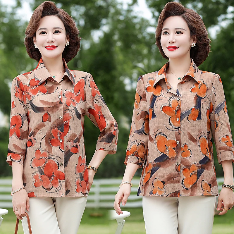 Middle-aged Elderly Female Blouse Spring Summer Long Shirt Womans Mother  Ladies Coat Seven Sleeves Collared Shirt Tops - Women Shirt - AliExpress