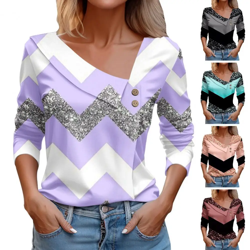 

Oblique V Neck Blouse Sequin Colorblock V Neck T-shirt for Women Long Sleeve Loose Pullover Blouse with Button Decor Soft