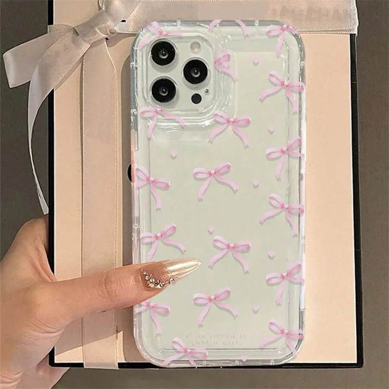 Charming Pink Heart Bow Shockproof Soft Clear Phone Case