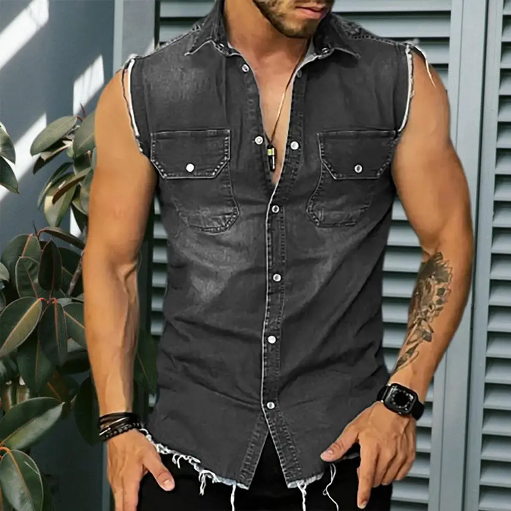 Trendy Vest Coat Sleeveless 3D Cutting Slim Fit Denim Vest Jacket Shrink Resistant Denim Jacket Daily Clothing