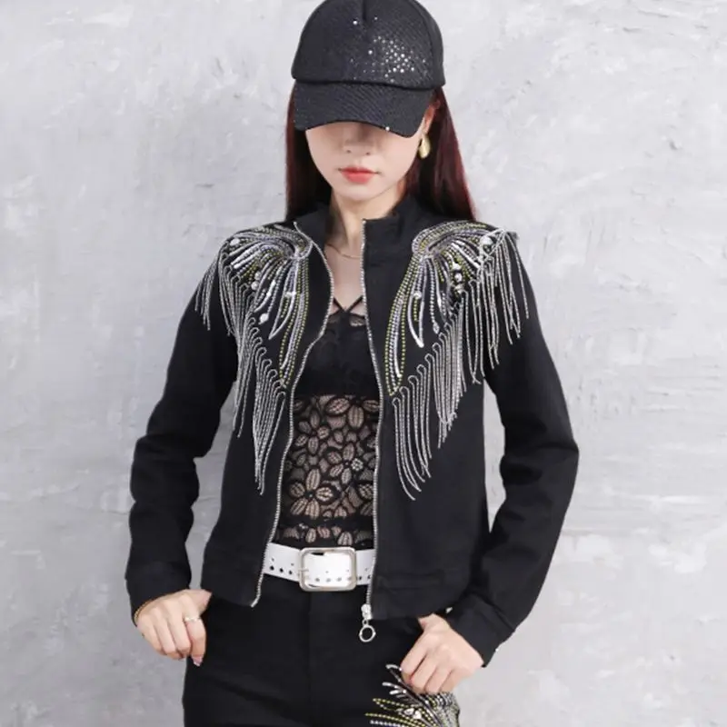 Black Denim Coat Shiny New Style Personalized Handsome Tassel Sequin Slim Fit Short Jacket Trend