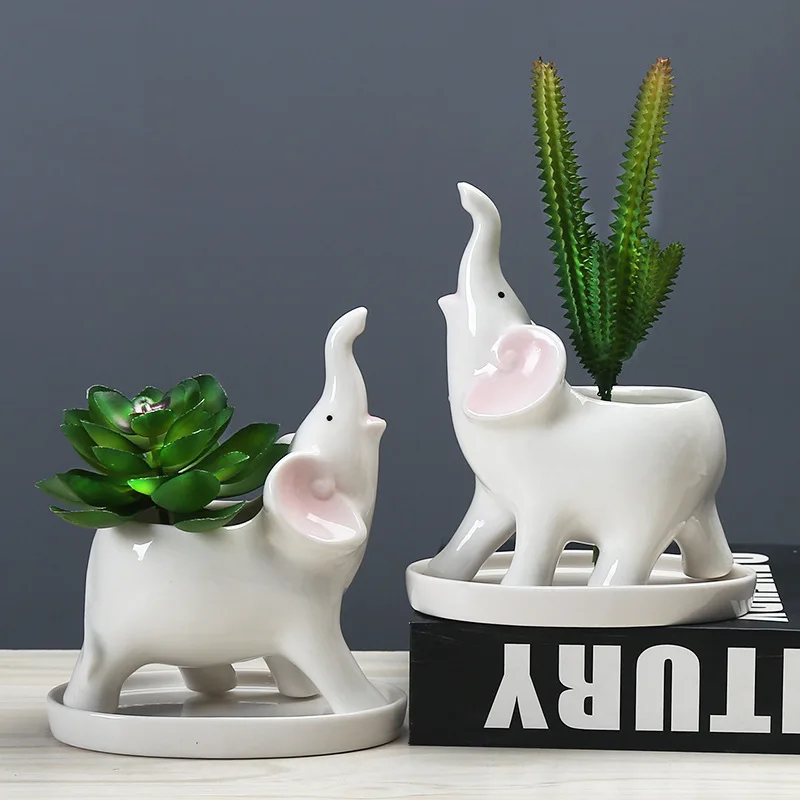 

Elephant Ceramic Planter for Succulents Air Plants Creative Flower Pot Animal Decorative Figurine Home Office Tabletop Decor