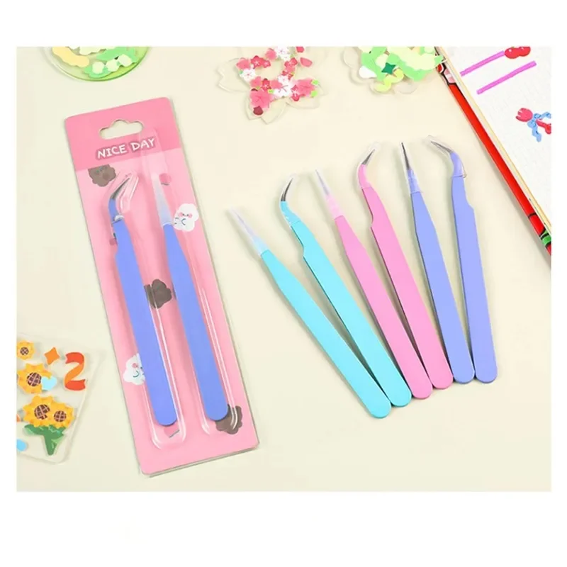 1/2PC Stainless Steel Straight Curved Colored Tweezer for Nail Art Sticker Rhinestone Picking Tool Makeup False Eyelash DIY Tool 2